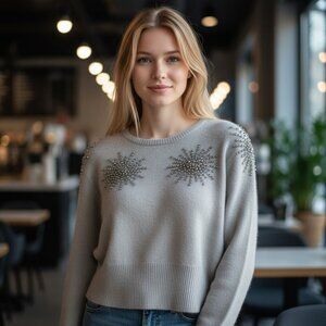 Vtg 80s Neiman Marcus Gray Rhinestone Embellished Angora Dolman Sleeve Sweater M